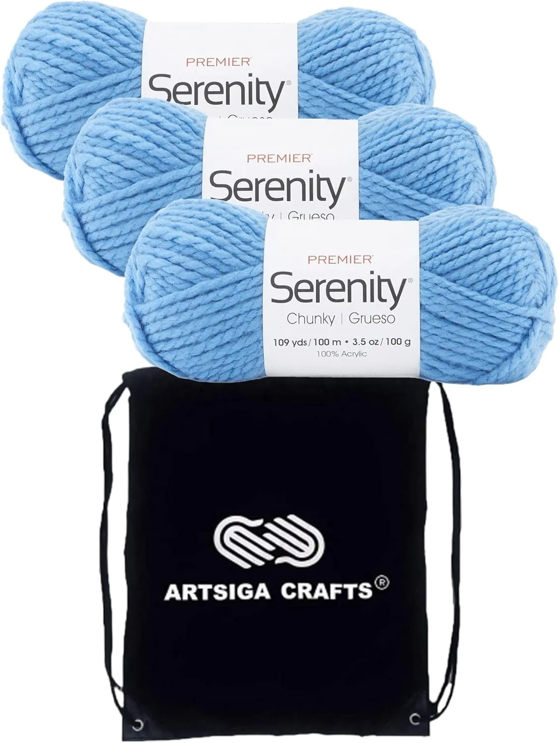Premier Yarns Serenity Chunky Solid Blue Sky 700-46 (3-Skeins - Same Dye Lot) Chunky Bulky #5 Acrylic Yarn for Crocheting and Knitting with Project Bag