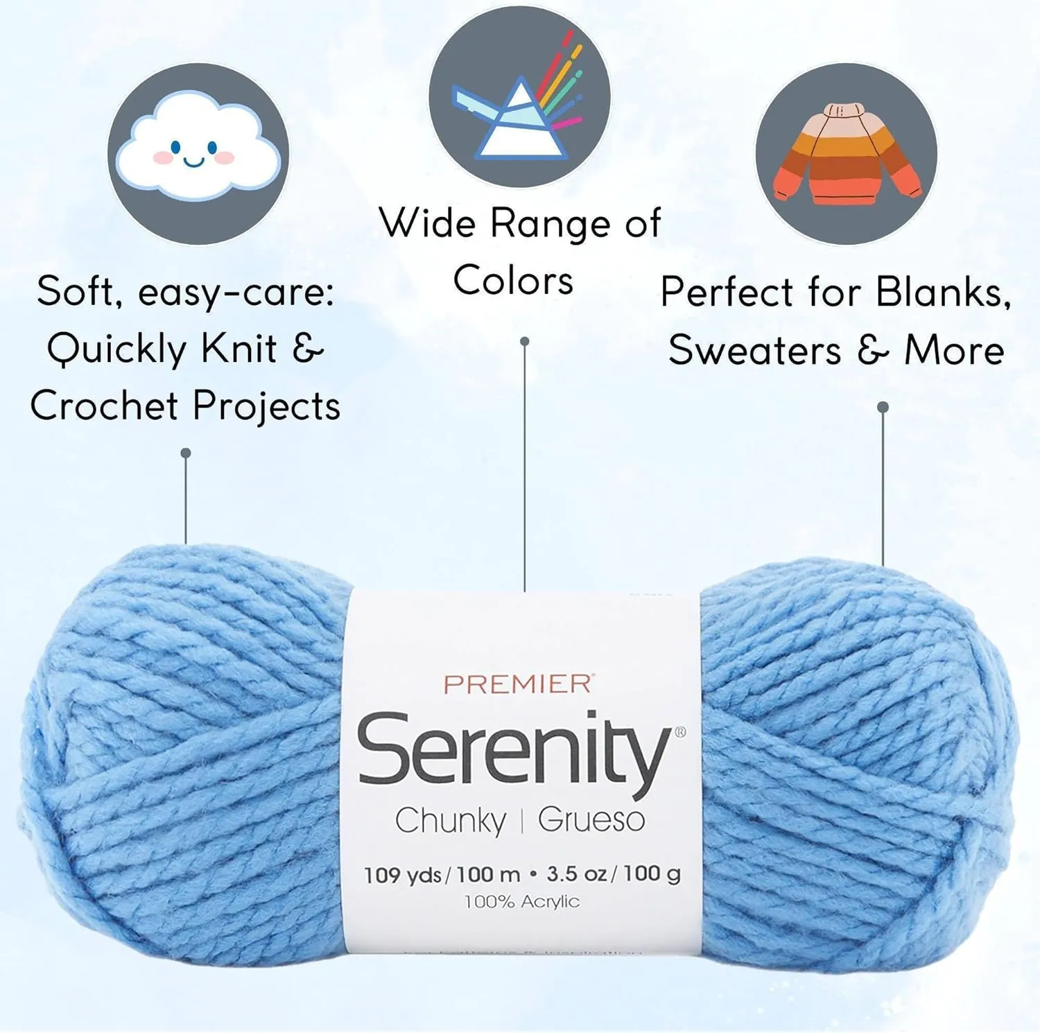 Premier Yarns Serenity Chunky Solid Blue Sky 700-46 (3-Skeins - Same Dye Lot) Chunky Bulky #5 Acrylic Yarn for Crocheting and Knitting with Project Bag