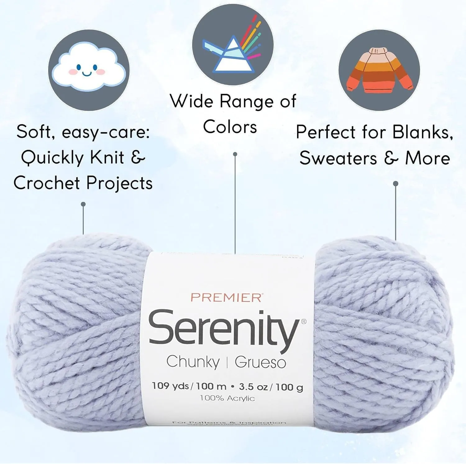 Premier Yarns Serenity Chunky Solid Hyacinth 700-43 (3-Skeins - Same Dye Lot) Chunky Bulky #5 Acrylic Yarn for Crocheting and Knitting with Project Bag