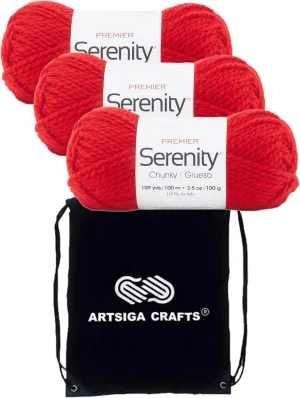 Premier Yarns Serenity Chunky Solid Molten Lava DN700-33 (3-Skeins - Same Dye Lot) Chunky Bulky #5 Acrylic Yarn for Crocheting and Knitting with Project Bag