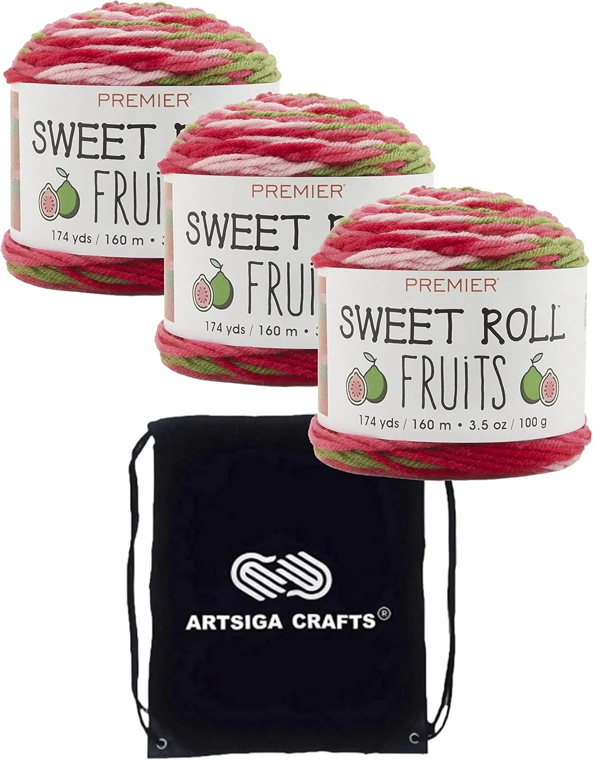 Premier Yarns Sweet Roll Fruits Guava 2056-04 (3-Skeins - Same Dye Lot) Worsted Medium #4 Acrylic Yarn for Crocheting and Knitting with Project Bag
