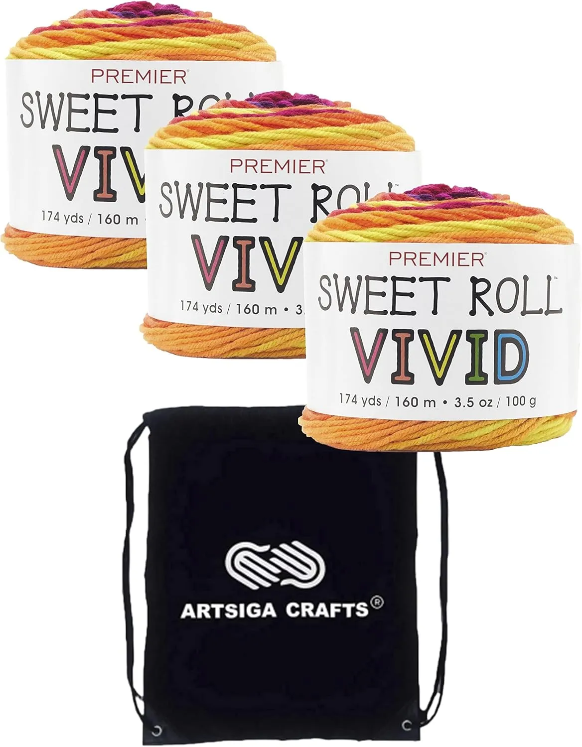 Premier Yarns Sweet Roll Vivid Lava Lamp 2100-05 (3-Skeins - Same Dye Lot) Worsted Medium #4 Acrylic Yarn for Crocheting and Knitting with Project Bag
