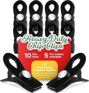 Premium 10 Pack Magnetic Bag Clips - Ultra Seal Chip Bag Clip - Chip Clips for Food Packages with Super Strong Magnet Clips for Fridge - Food Clips for Bags, Kitchen Storage Magnus (Black)