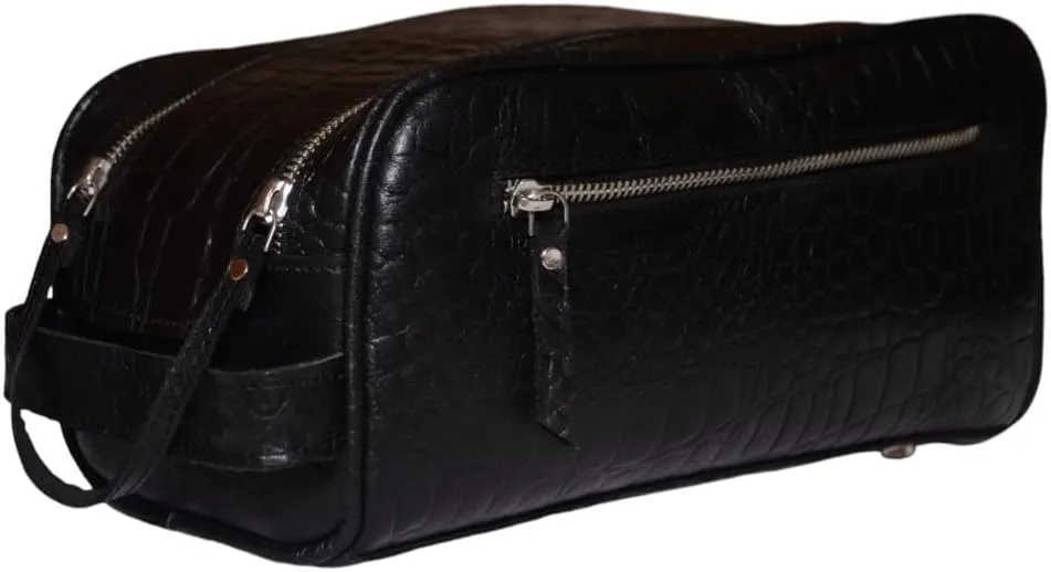 Premium Buffalo Leather Unisex Toiletry Bag Travel Dopp Kit (King Size )Shaving kit Accessories :Shaving Brush Case , Razor Protective Travel Case ( Combo of 4 Items) (Crocodile Print) (Croco Black)