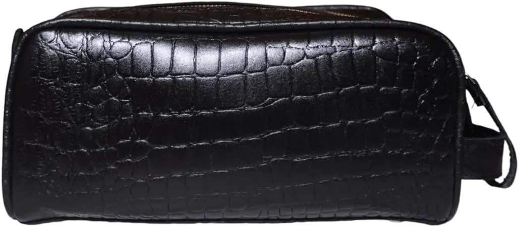 Premium Buffalo Leather Unisex Toiletry Bag Travel Dopp Kit (King Size )Shaving kit Accessories :Shaving Brush Case , Razor Protective Travel Case ( Combo of 4 Items) (Crocodile Print) (Croco Black)