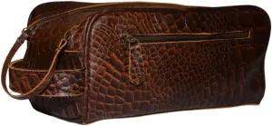 Premium Buffalo Leather Unisex Toiletry Bag Travel Dopp Kit (King Size )Shaving kit Accessories :Shaving Brush Case , Razor Protective Travel Case ( Combo of 4 Items) (Crocodile Print) (Croco Brown)