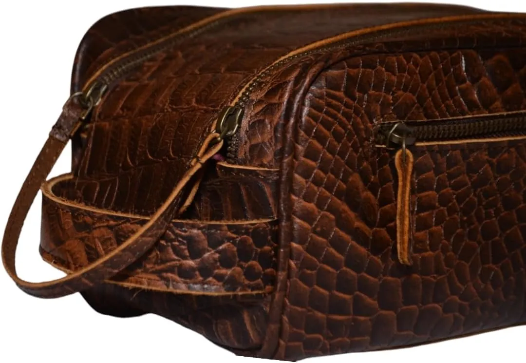 Premium Buffalo Leather Unisex Toiletry Bag Travel Dopp Kit (King Size )Shaving kit Accessories :Shaving Brush Case , Razor Protective Travel Case ( Combo of 4 Items) (Crocodile Print) (Croco Brown)