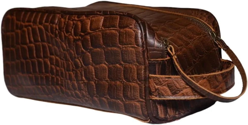 Premium Buffalo Leather Unisex Toiletry Bag Travel Dopp Kit (King Size )Shaving kit Accessories :Shaving Brush Case , Razor Protective Travel Case ( Combo of 4 Items) (Crocodile Print) (Croco Brown)