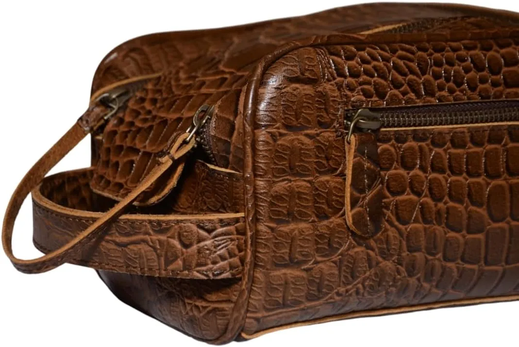 Premium Buffalo Leather Unisex Toiletry Bag Travel Dopp Kit (King Size )Shaving kit Accessories :Shaving Brush Case , Razor Protective Travel Case ( Combo of 4 Items) (Crocodile Print) (Croco Tan)