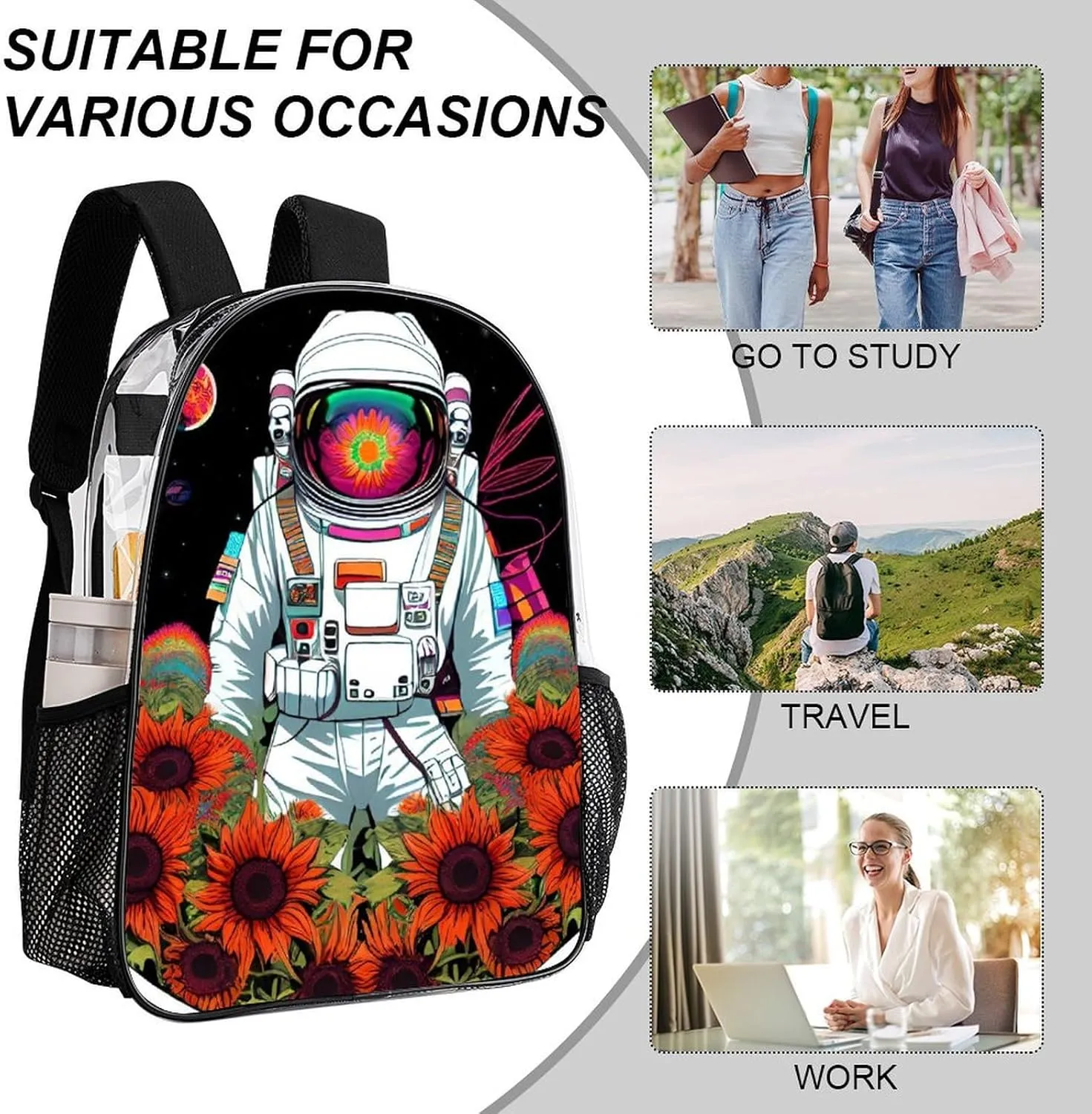 Psychedelic Space Astronaut Sunflower Snake Art Backpack Transparent Multipurpose Anti-Theft Shoulder Bag Big Capacity Gym Outdoor Hiking Backpack With Padded Straps