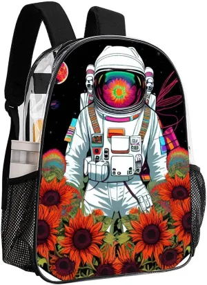 Psychedelic Space Astronaut Sunflower Snake Art Backpack Transparent Multipurpose Anti-Theft Shoulder Bag Big Capacity Gym Outdoor Hiking Backpack With Padded Straps