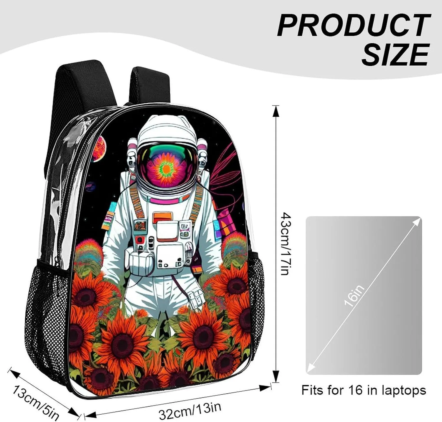 Psychedelic Space Astronaut Sunflower Snake Art Backpack Transparent Multipurpose Anti-Theft Shoulder Bag Big Capacity Gym Outdoor Hiking Backpack With Padded Straps