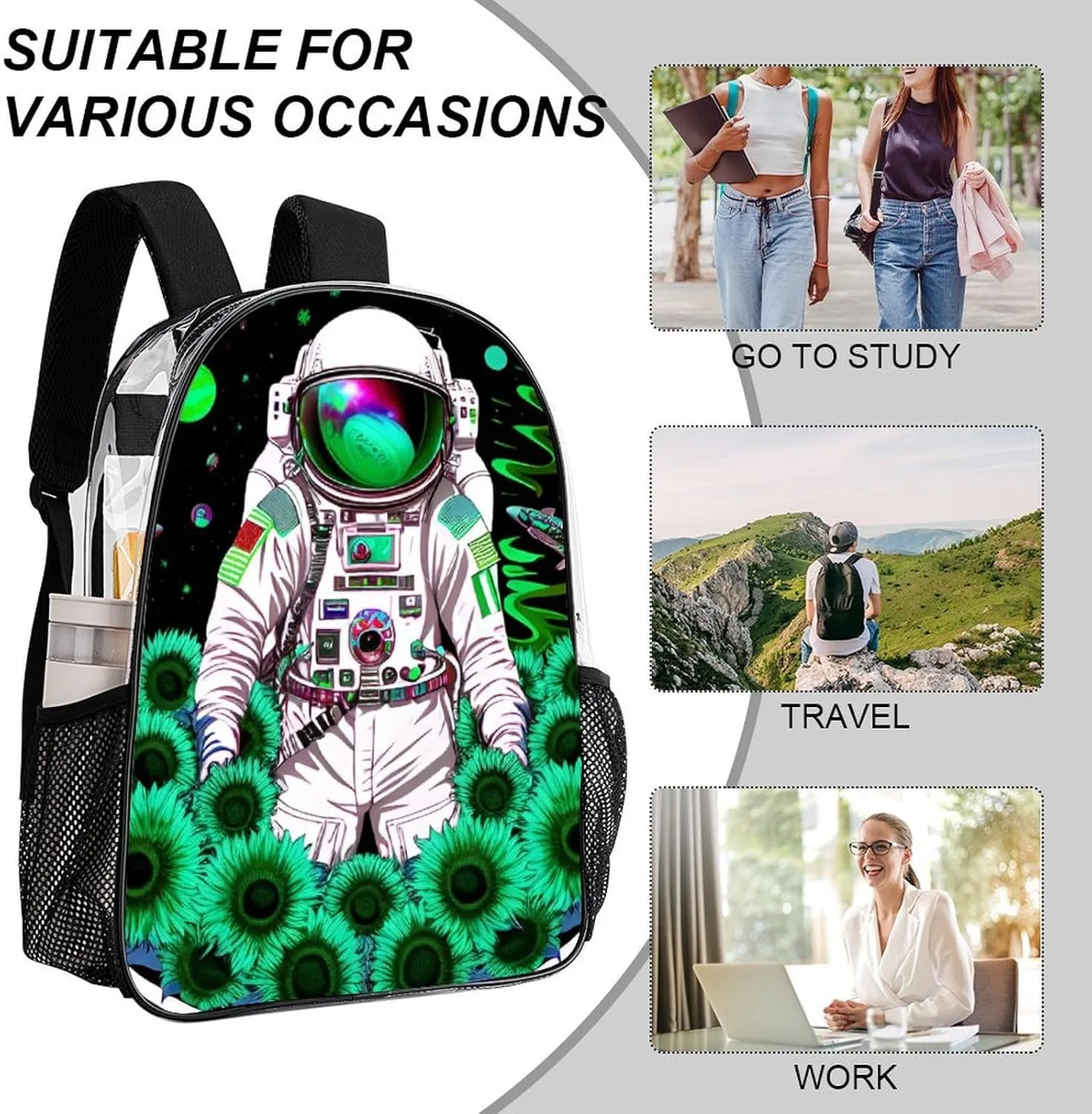 Psychedelic Space Astronaut Sunflower Snake Art Daypack Transparent Anti-Theft Multipurpose Bookbag Big Capacity Gym Outdoor Hiking Backpack With Adjustable Shoulder Straps
