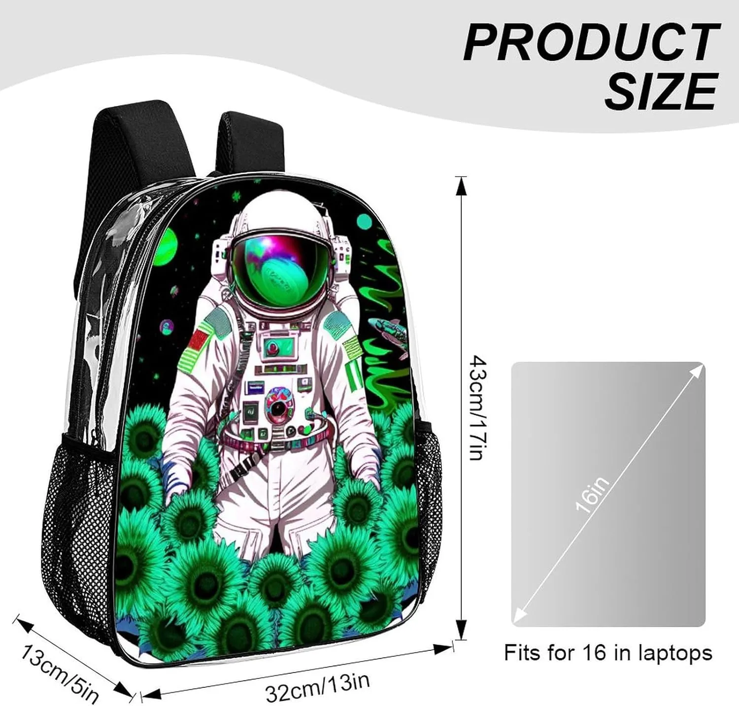 Psychedelic Space Astronaut Sunflower Snake Art Daypack Transparent Anti-Theft Multipurpose Bookbag Big Capacity Gym Outdoor Hiking Backpack With Adjustable Shoulder Straps