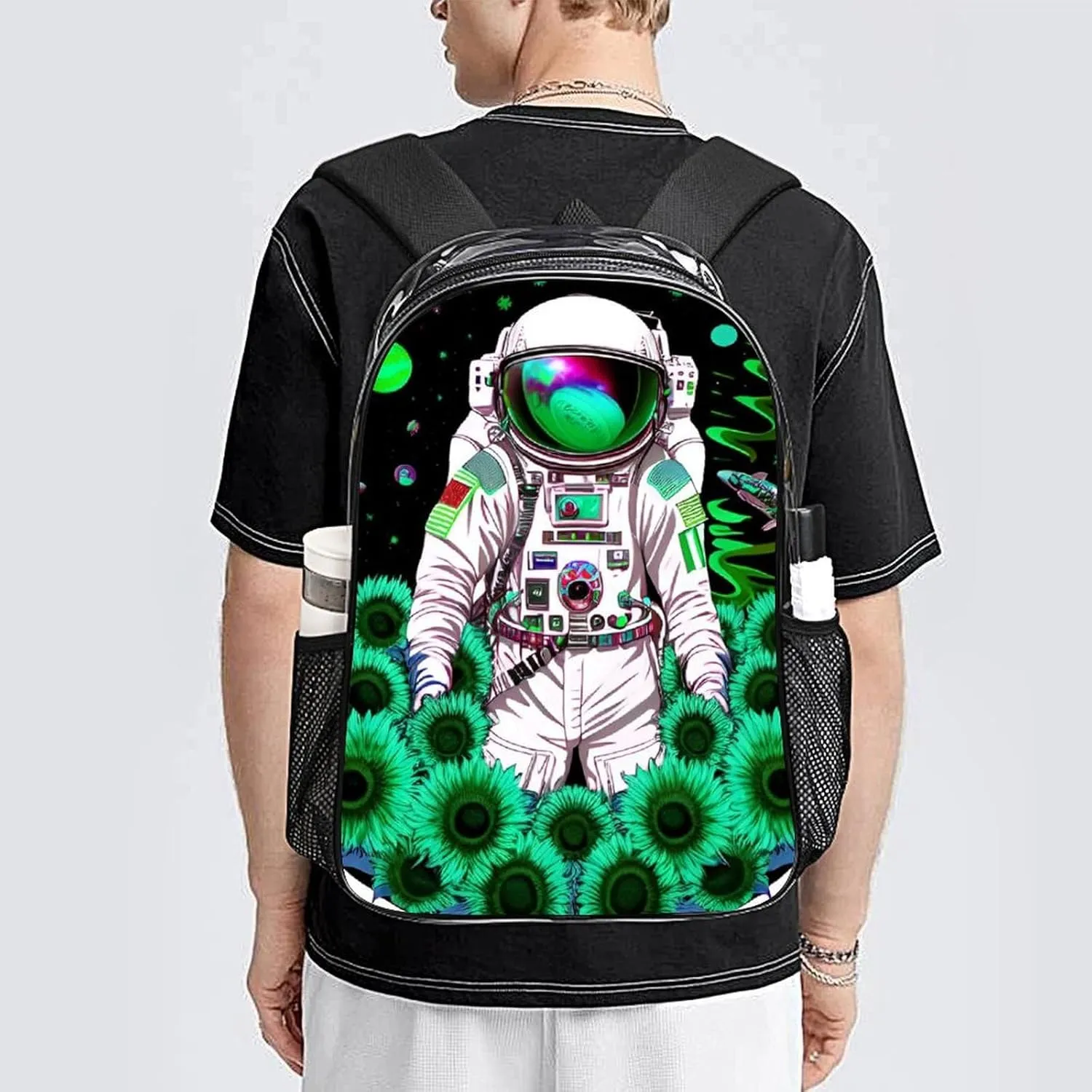 Psychedelic Space Astronaut Sunflower Snake Art Daypack Transparent Anti-Theft Multipurpose Bookbag Big Capacity Gym Outdoor Hiking Backpack With Adjustable Shoulder Straps