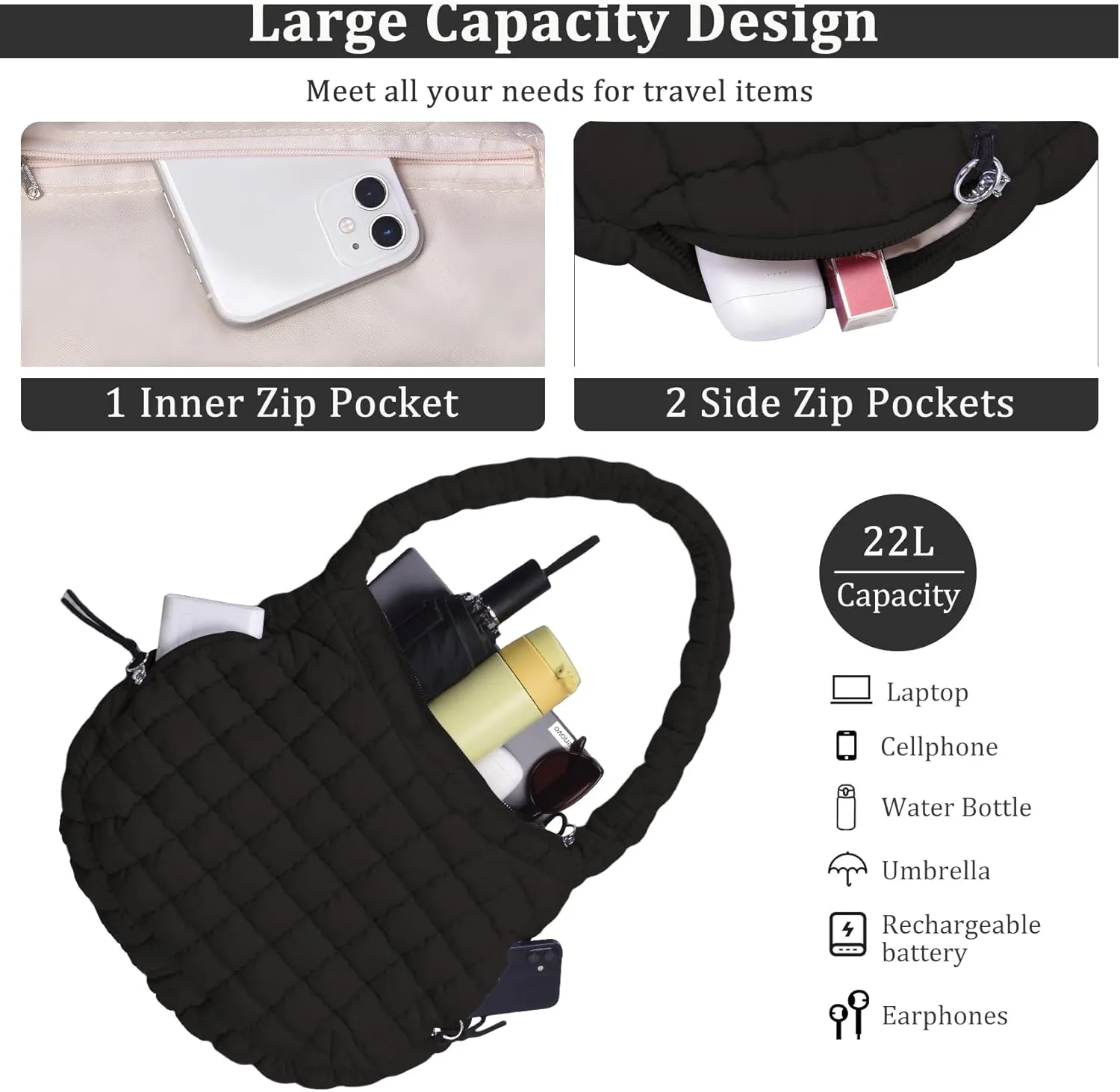 Puffer Tote Bag Quilted Tote Bag for Women Large Puffy Purse Lightweight Padding Cotton Crossbody Carryall Bag