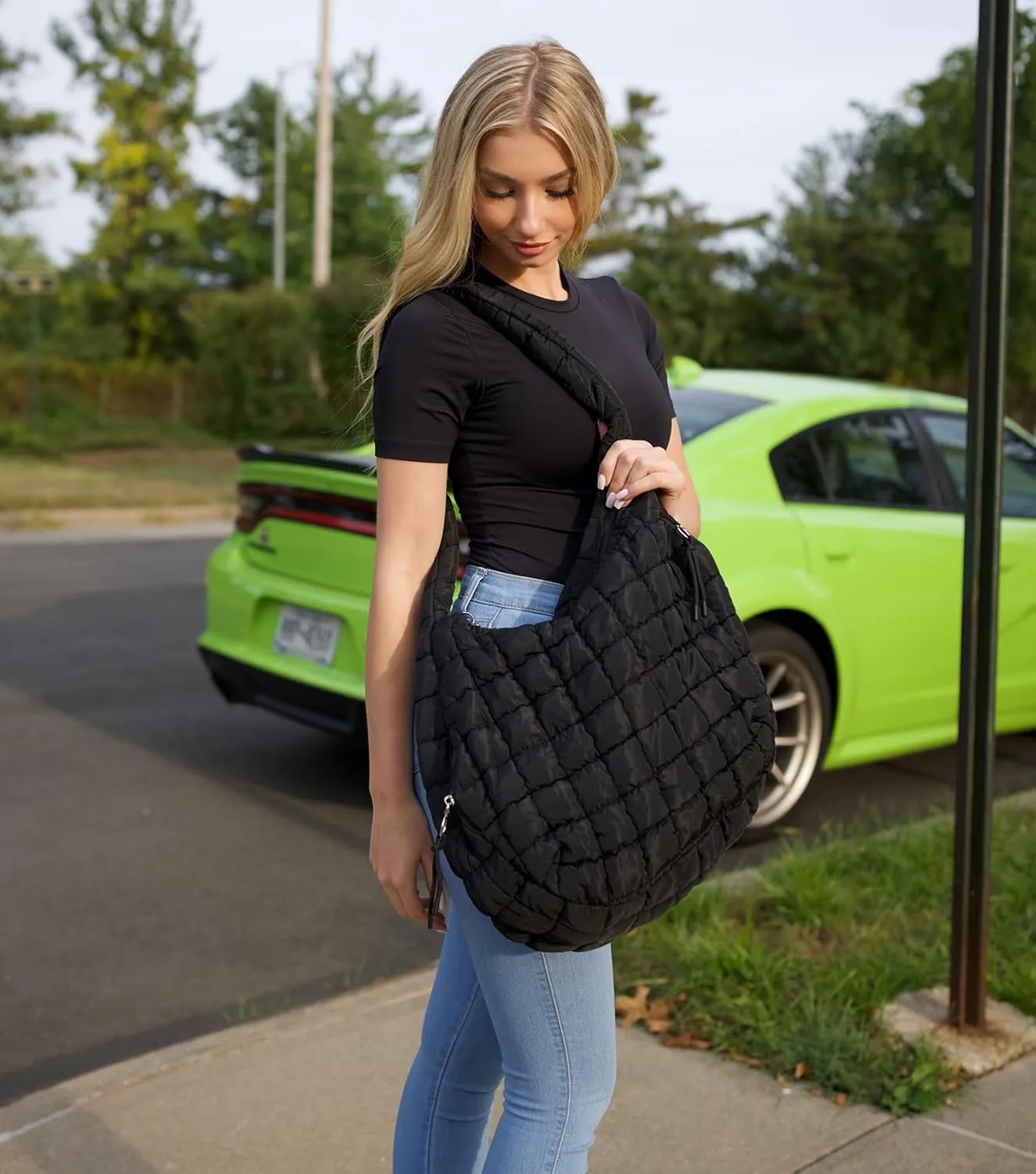 Puffer Tote Bag Quilted Tote Bag for Women Large Puffy Purse Lightweight Padding Cotton Crossbody Carryall Bag