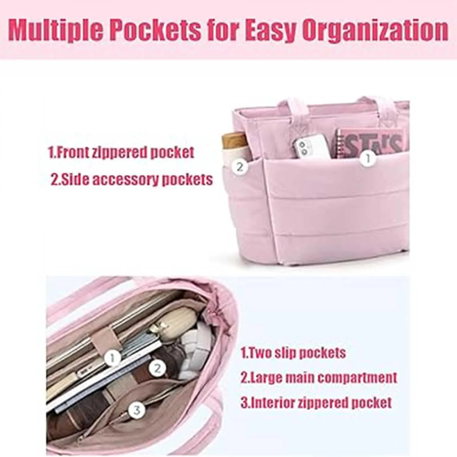Puffer Travel Tote, Lightweight Puffy Tote Bag with Compartments, Large Capacity Quilted Shoulder Bags