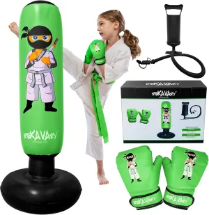 Punching Bag for Kids - 5' 3" Tall and Stable - Ninja Kids Inflatable Punching Bag Combo Kit with Kids Boxing Gloves, a Pump and Repair Kit. Boxing Bag for Immediate Bounce Back