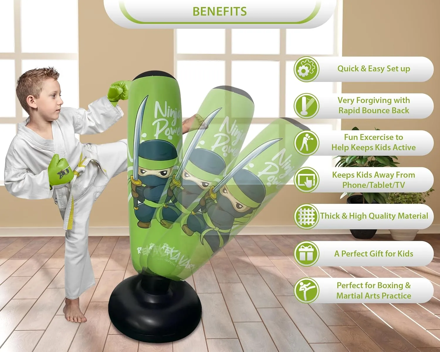 Punching Bag for Kids - 5' 3" Tall and Stable - Ninja Kids Inflatable Punching Bag Combo Kit with Kids Boxing Gloves, a Pump and Repair Kit. Boxing Bag for Immediate Bounce Back
