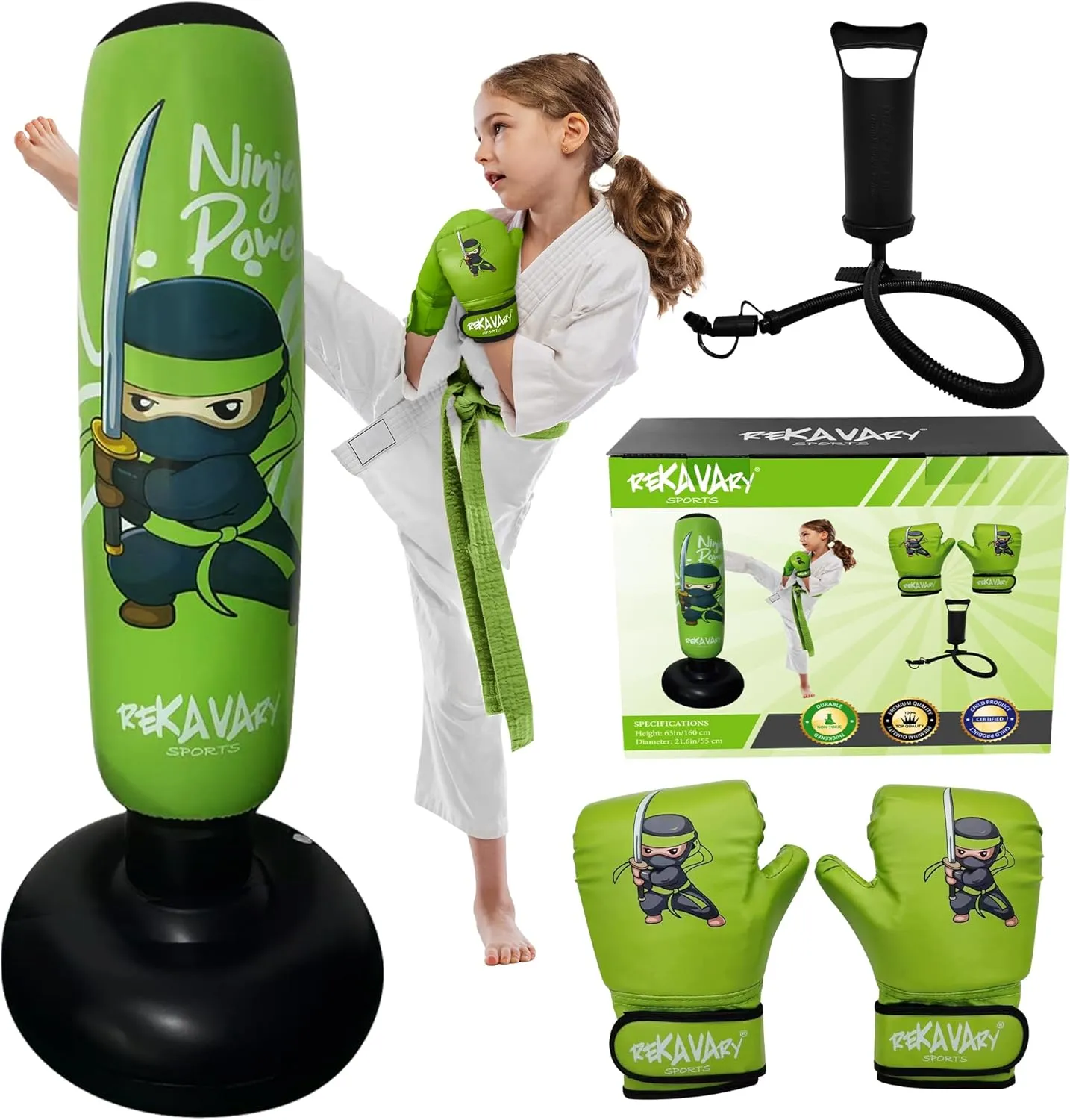 Punching Bag for Kids - 5' 3" Tall and Stable - Ninja Kids Inflatable Punching Bag Combo Kit with Kids Boxing Gloves, a Pump and Repair Kit. Boxing Bag for Immediate Bounce Back