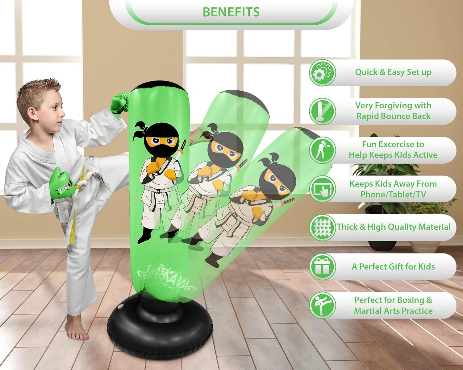 Punching Bag for Kids - 5' 3" Tall and Stable - Ninja Kids Inflatable Punching Bag Combo Kit with Kids Boxing Gloves, a Pump and Repair Kit. Boxing Bag for Immediate Bounce Back