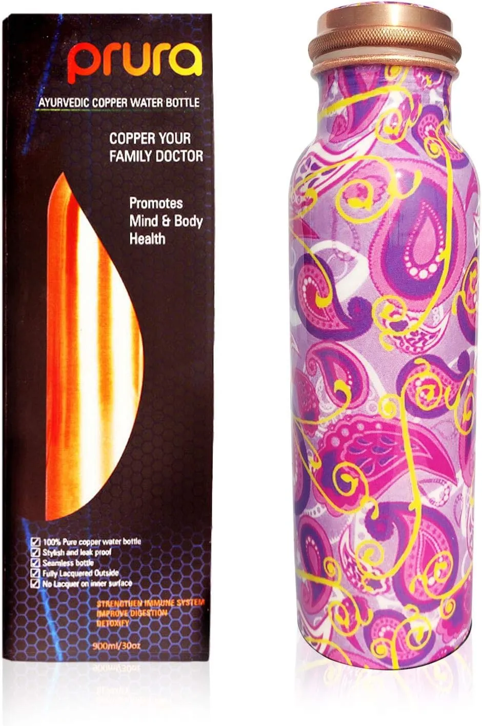 Pure Printed Copper Water Bottle - Leak Proof Ayurvedic Drinkware Copper Vessel for Sports, Gym, Outdoors, Yoga, Health Benefits (32 oz)