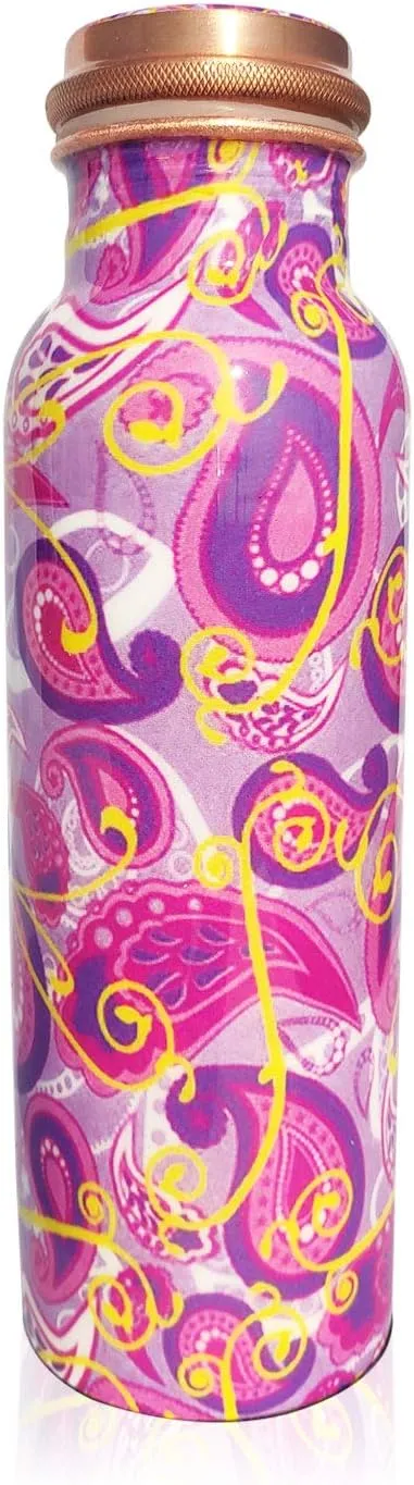 Pure Printed Copper Water Bottle - Leak Proof Ayurvedic Drinkware Copper Vessel for Sports, Gym, Outdoors, Yoga, Health Benefits (32 oz)