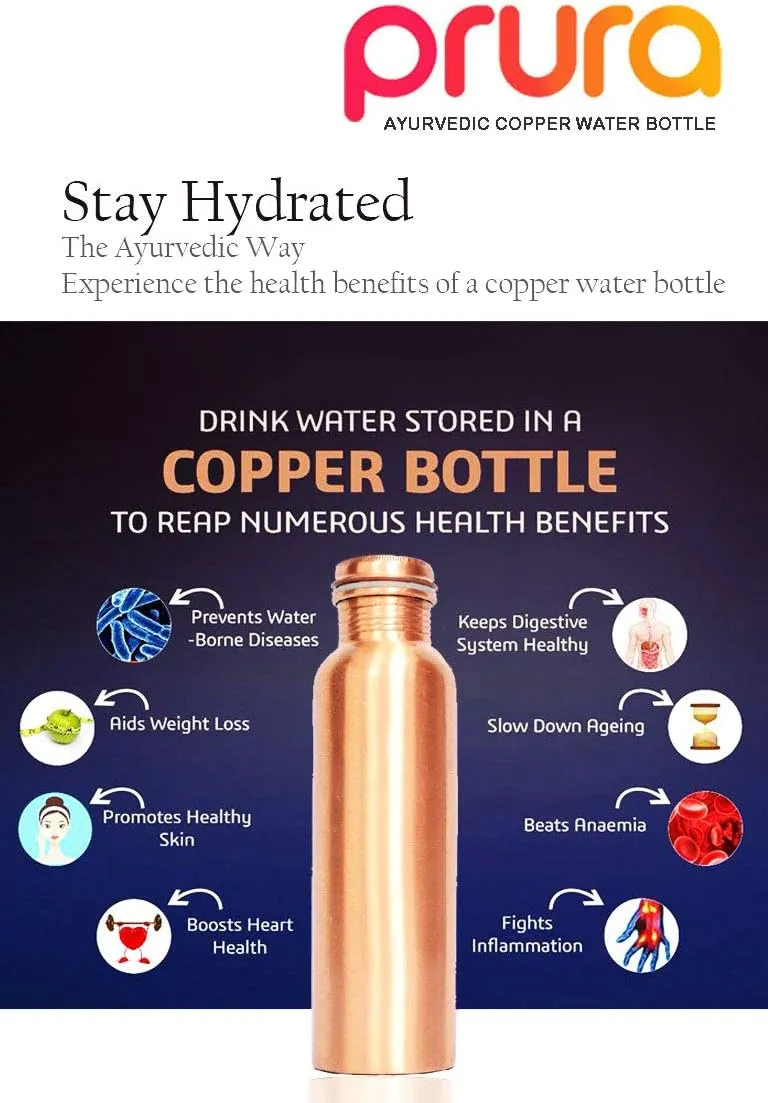 Pure Printed Copper Water Bottle - Leak Proof Ayurvedic Drinkware Copper Vessel for Sports, Gym, Outdoors, Yoga, Health Benefits (32 oz)