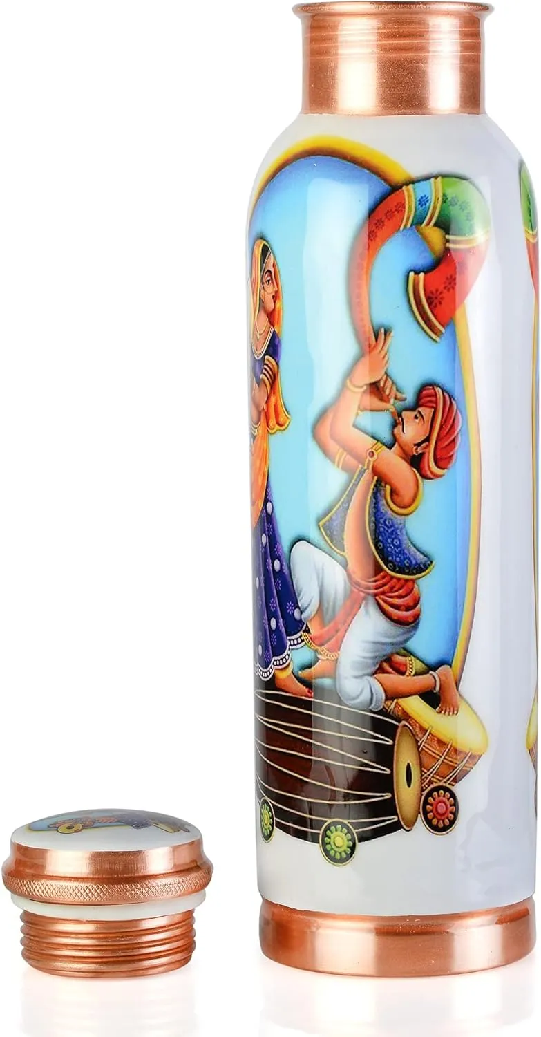 Pure Printed Copper Water Bottle - Leak Proof Ayurvedic Drinkware Copper Vessel for Sports, Gym, Outdoors, Yoga, Health Benefits (32 oz)