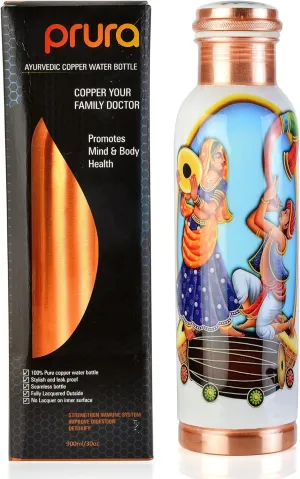 Pure Printed Copper Water Bottle - Leak Proof Ayurvedic Drinkware Copper Vessel for Sports, Gym, Outdoors, Yoga, Health Benefits (32 oz)