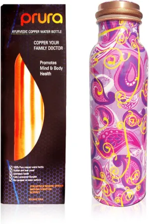 Pure Printed Copper Water Bottle - Leak Proof Ayurvedic Drinkware Copper Vessel for Sports, Gym, Outdoors, Yoga, Health Benefits (32 oz)