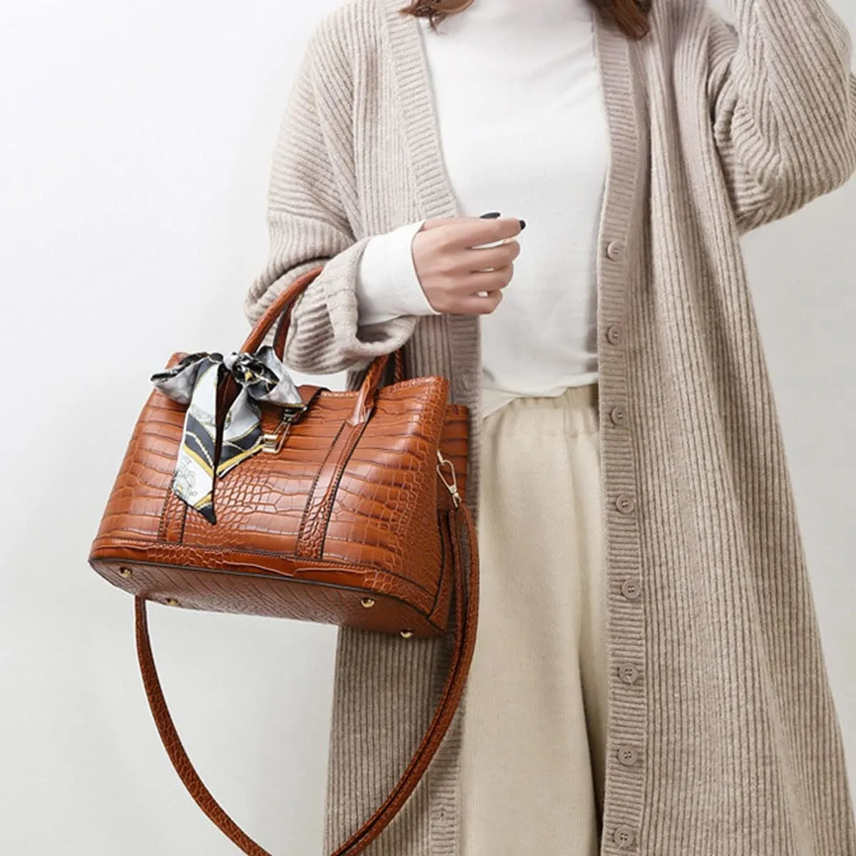 Purses and Handbags for Women Crocodile Pattern Shoulder Tote Bags Top Handle Satchel with Bowknot