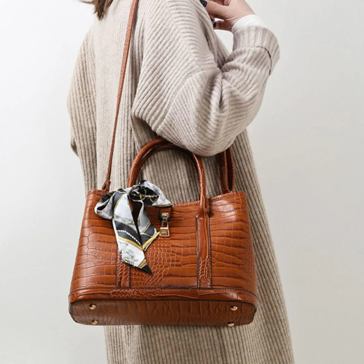 Purses and Handbags for Women Crocodile Pattern Shoulder Tote Bags Top Handle Satchel with Bowknot
