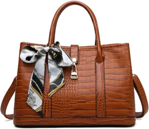 Purses and Handbags for Women Crocodile Pattern Shoulder Tote Bags Top Handle Satchel with Bowknot