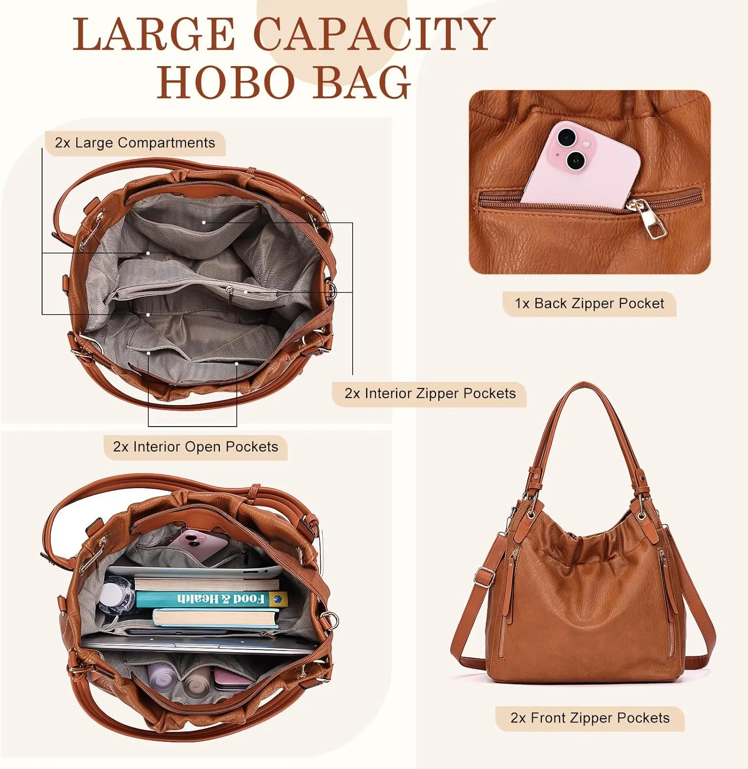 Purses and Handbags, Large Size Faux Leather Hobo Style Handbags for Women, Shoulder Bag with Removable Strap