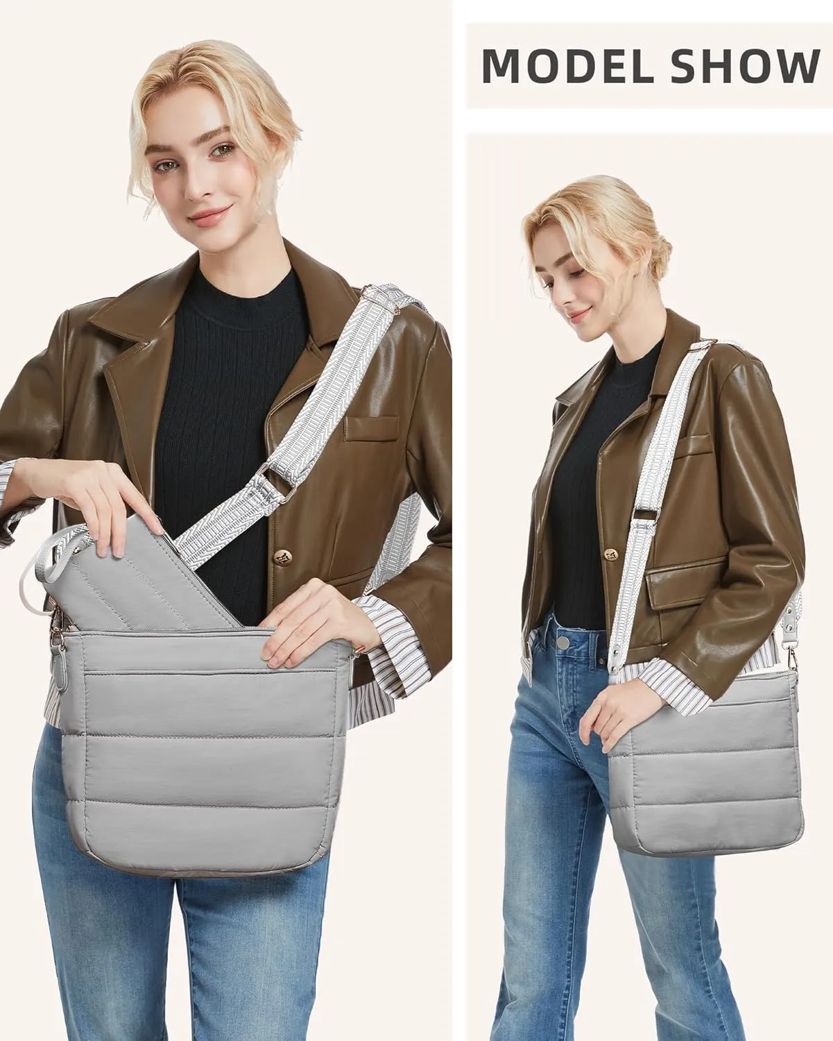Purses for Women 2PCS Puffer Quilted Crossbody Shoulder Hobo Bags Trendy Ladies Handbag with Coin Wallet 2 Adjustable Straps