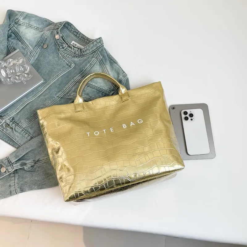 PVC Tote Bag Clear Plastic Tote Bag for Women Letters Print Work Handbag Crocodile Pattern Leather Handbag
