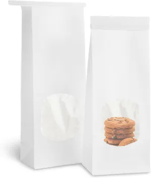QTLCOHD 100Pcs Bakery Bags with Window 3.5 x 2.4 x 9.8 Inch White Paper Bread Bags Tin Tie Tab Lock Cookie Paper Treat Bag for Packaging Cookies Pastry Loaf Popcorn