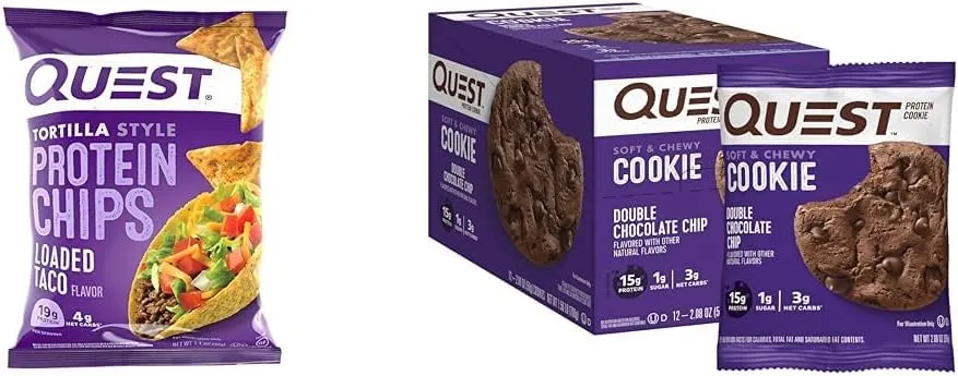 Quest Loaded Taco Tortilla Style Protein Chips & Double Chocolate Chip Protein Cookies Bundle, High Protein, Low Carb, Gluten Free