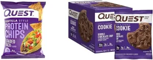 Quest Loaded Taco Tortilla Style Protein Chips & Double Chocolate Chip Protein Cookies Bundle, High Protein, Low Carb, Gluten Free