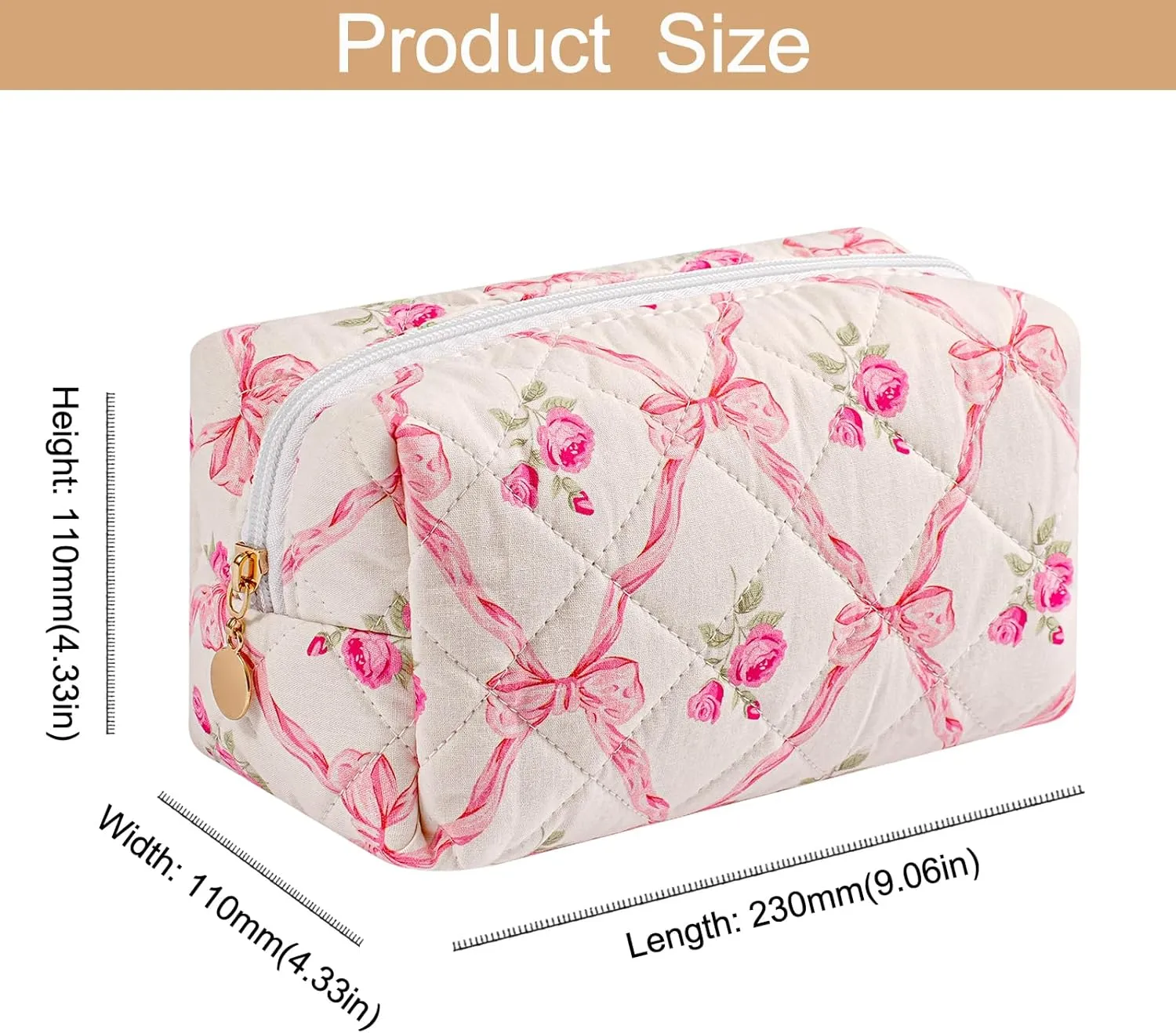 Quilted Cotton Makeup Bag Travel Cosmetic Bag for Women Girls, Zipper Make Up Pouch, Bow Pattern Toiletry Organizer Makeup, Portable Storage Bag (Pink Bowknot Blue Bowknot)