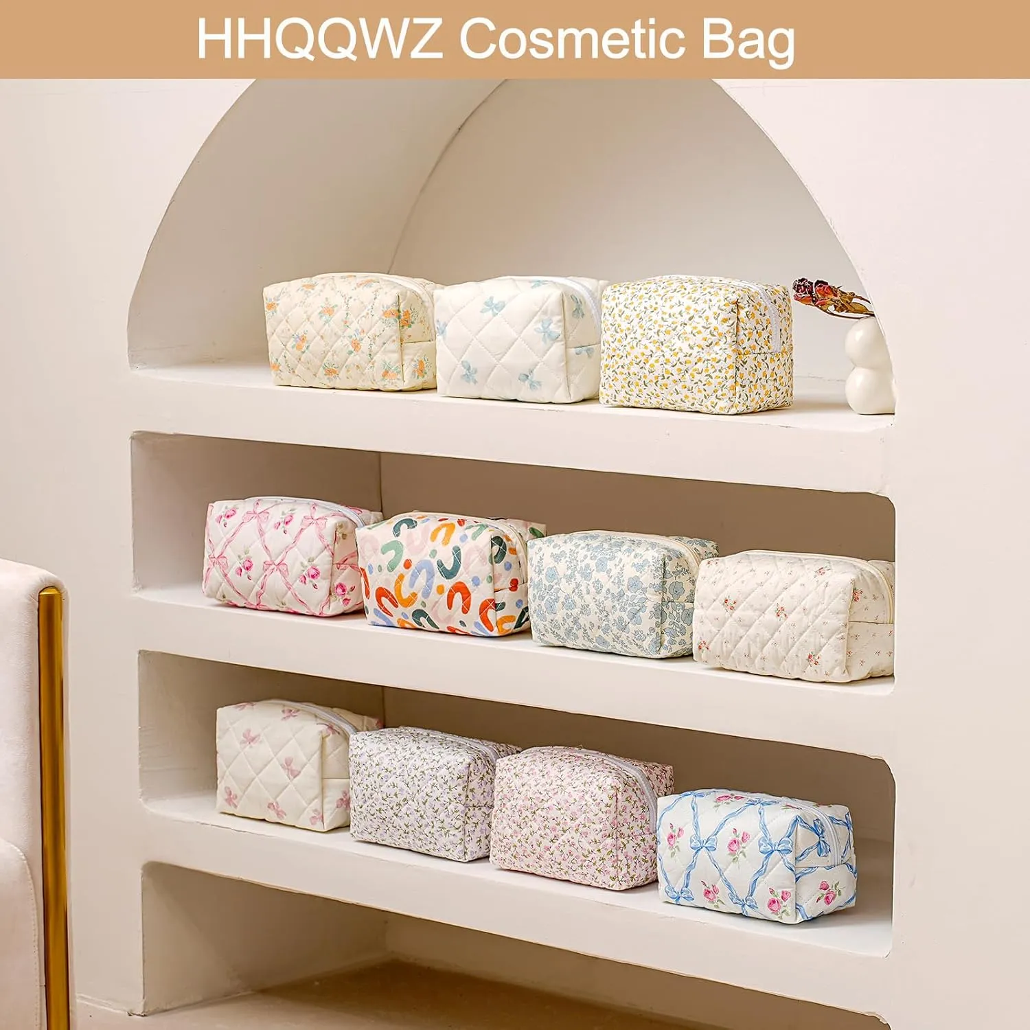 Quilted Cotton Makeup Bag Travel Cosmetic Bag for Women Girls, Zipper Make Up Pouch, Bow Pattern Toiletry Organizer Makeup, Portable Storage Bag (Pink Bowknot Blue Bowknot)