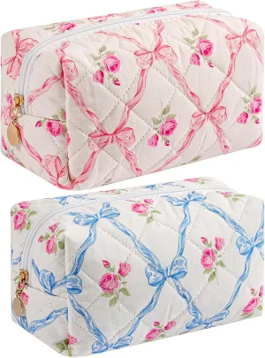Quilted Cotton Makeup Bag Travel Cosmetic Bag for Women Girls, Zipper Make Up Pouch, Bow Pattern Toiletry Organizer Makeup, Portable Storage Bag (Pink Bowknot Blue Bowknot)