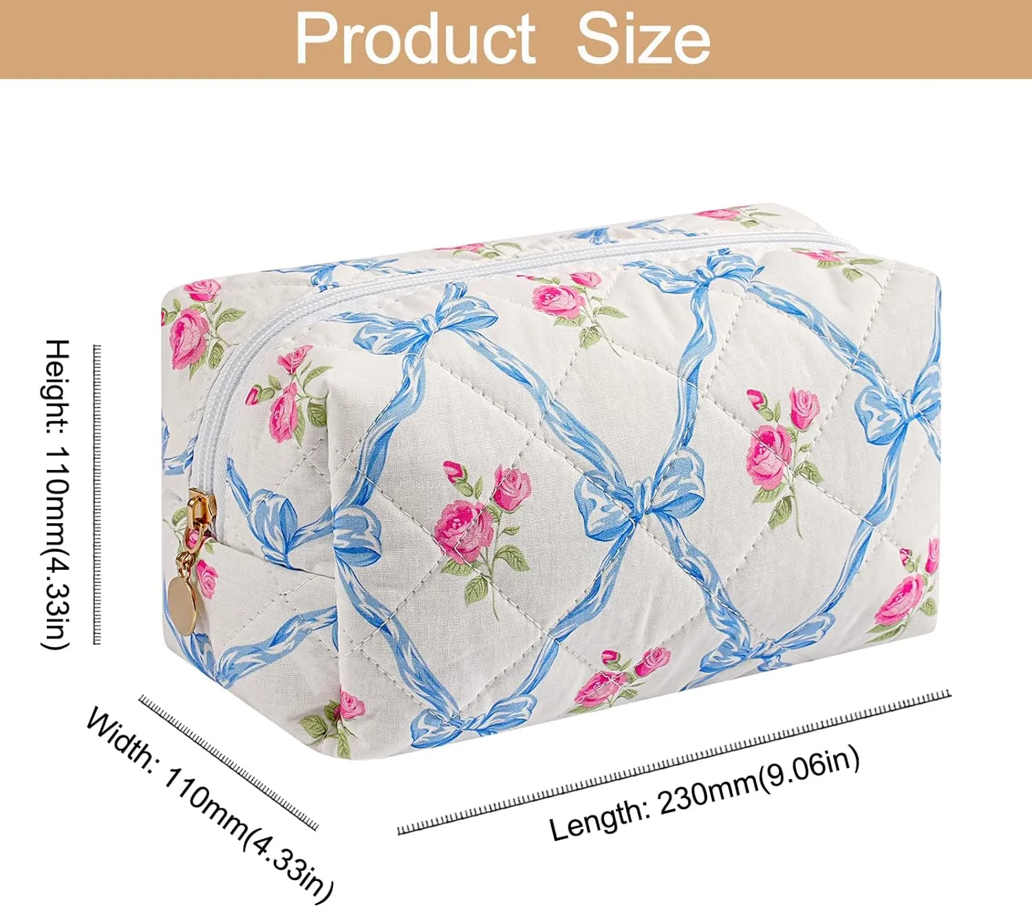 Quilted Cotton Makeup Bag Travel Cosmetic Bag for Women Girls, Zipper Make Up Pouch, Bow Pattern Toiletry Organizer Makeup, Portable Storage Bag (Pink Bowknot Blue Bowknot)