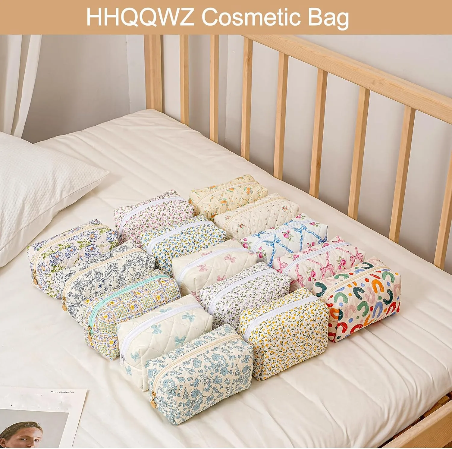 Quilted Cotton Makeup Bag Travel Cosmetic Bag for Women Girls, Zipper Make Up Pouch, Bow Pattern Toiletry Organizer Makeup, Portable Storage Bag (Pink Bowknot Blue Bowknot)