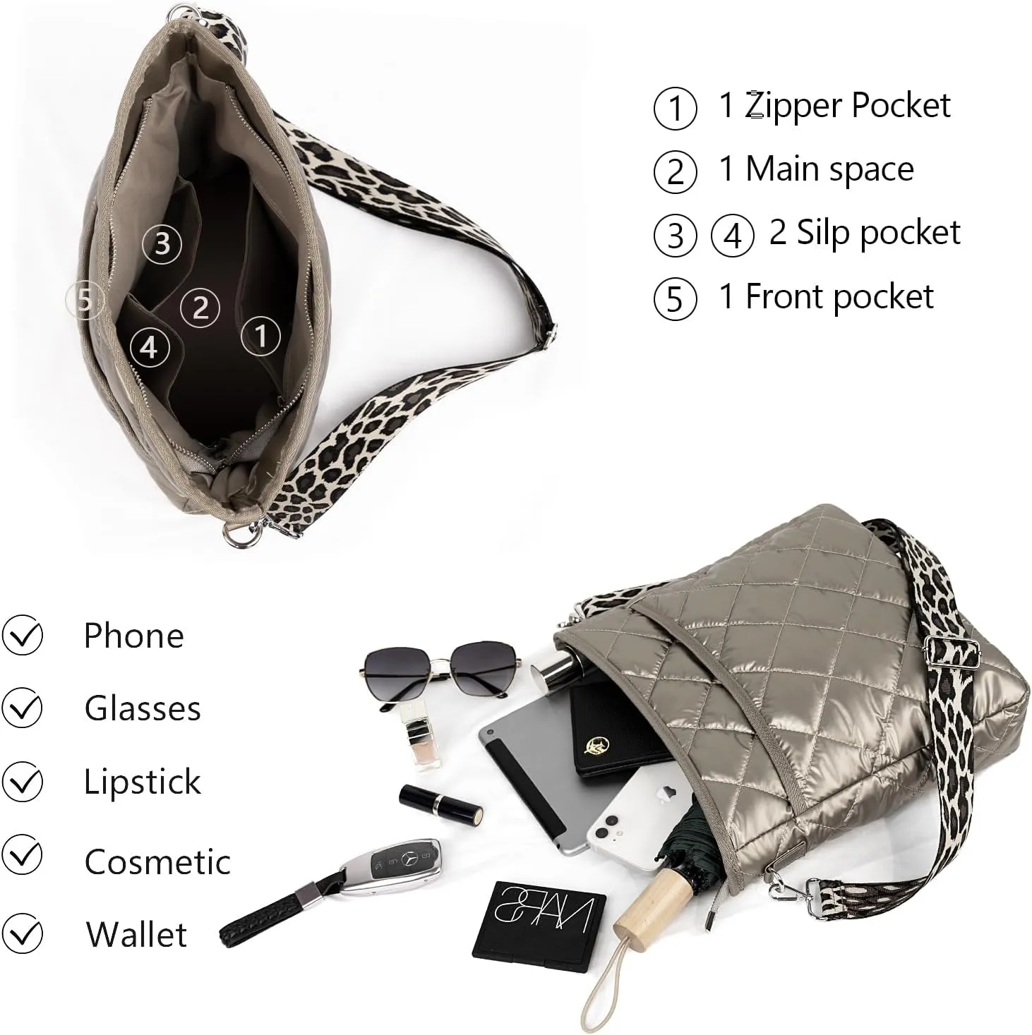 Quilted Crossbody & Puffer Shoulder Bag, Tote with Zipper - Fashion Cotton Quilted Ladies Handbag