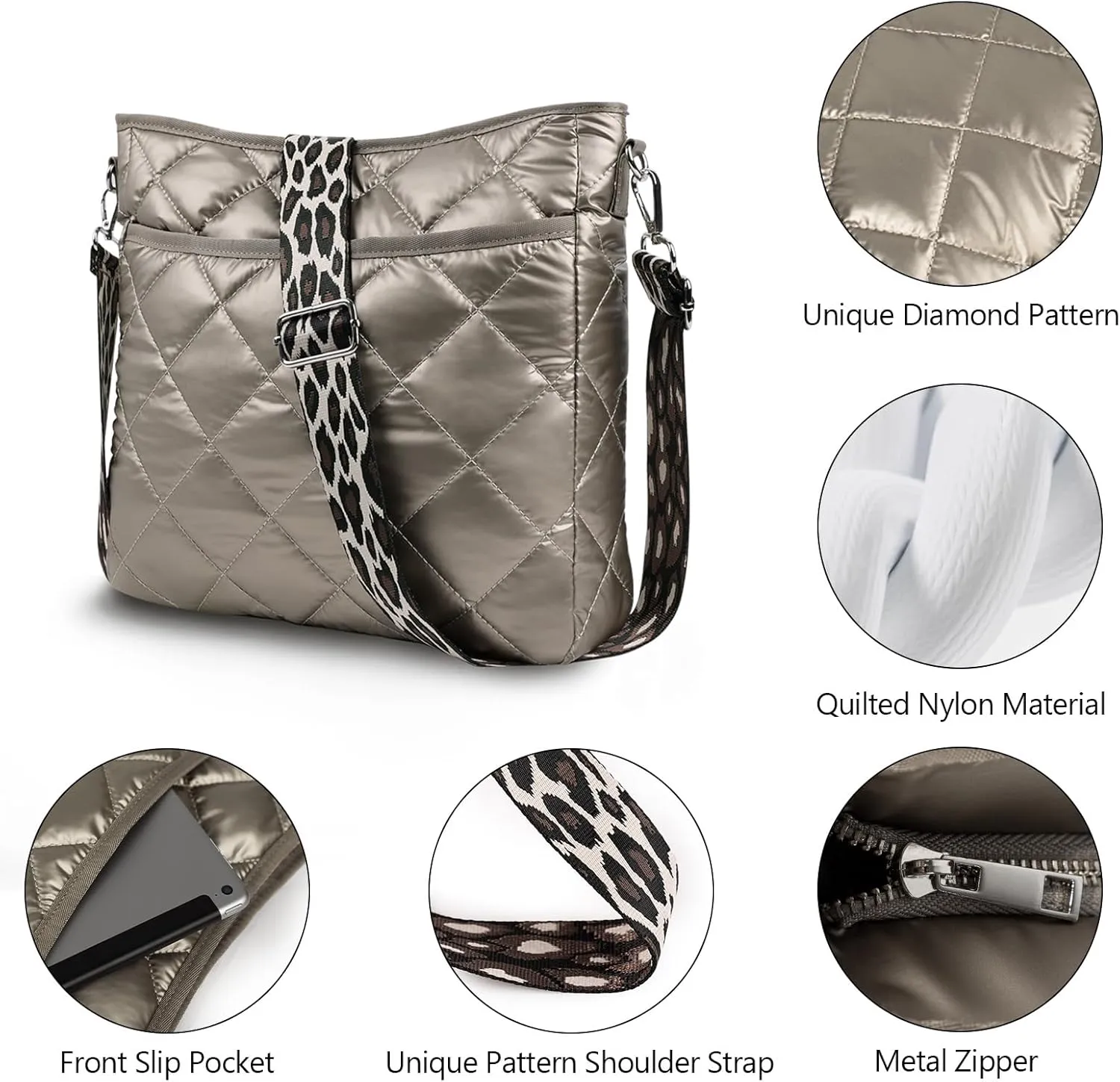 Quilted Crossbody & Puffer Shoulder Bag, Tote with Zipper - Fashion Cotton Quilted Ladies Handbag