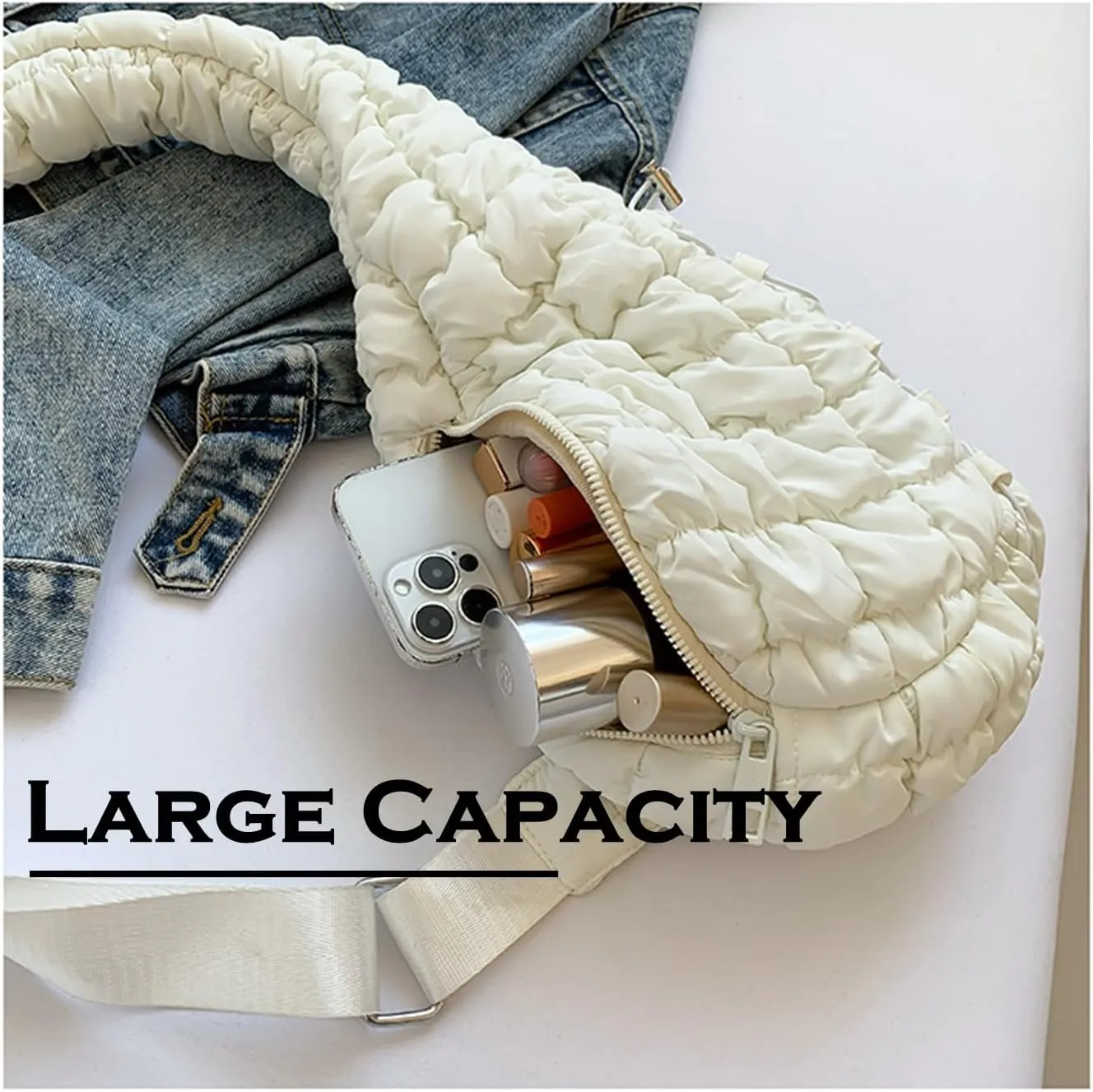 Quilted Crossbody Bag for Women, Nylon Sling Bag, Puffy Fanny Pack for Running, Traveling, Hiking, Sports (gray)