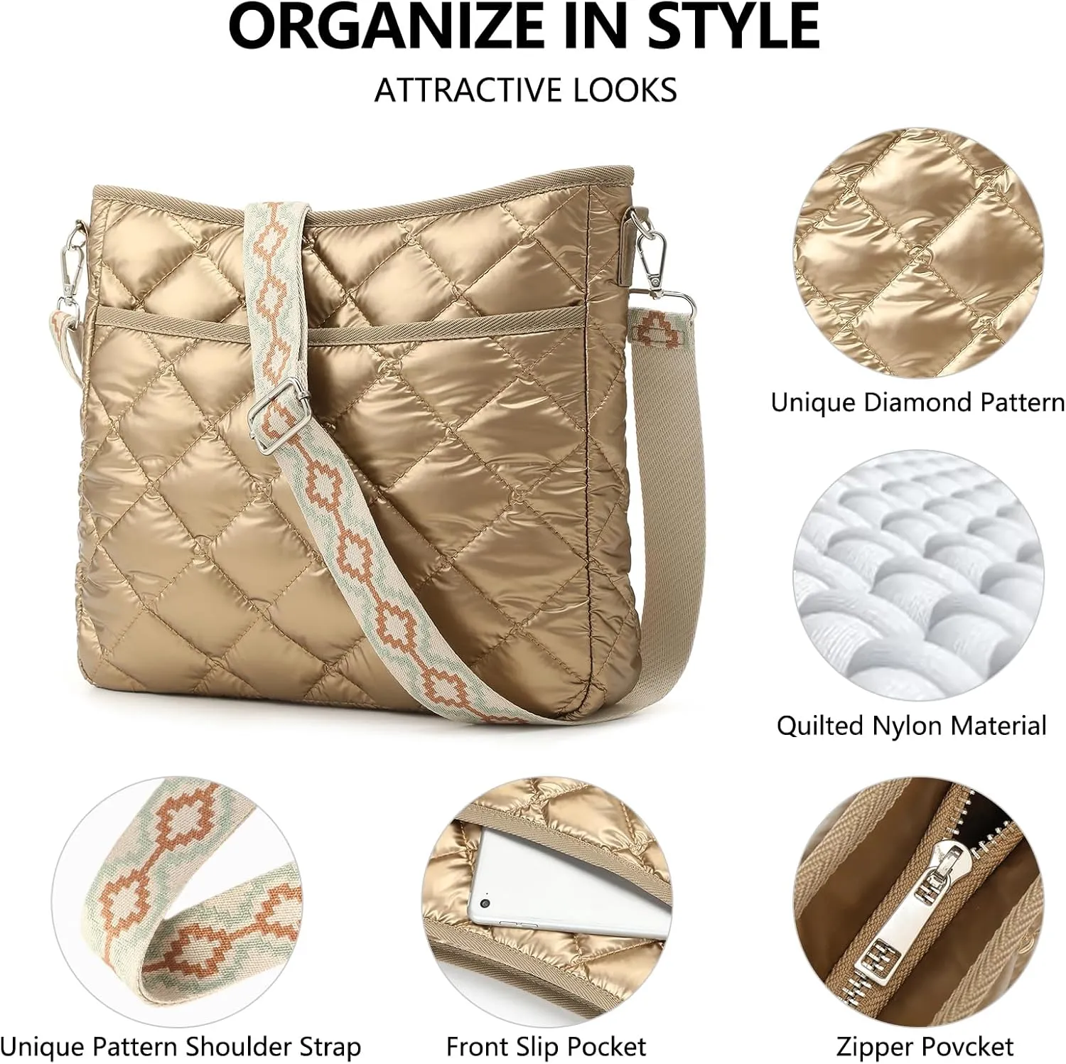 Quilted Crossbody Bags for Women, Unique Pattern Strap Quilted Bag, Crossbody Purses for Women, Quilted Puffer Bag for Women